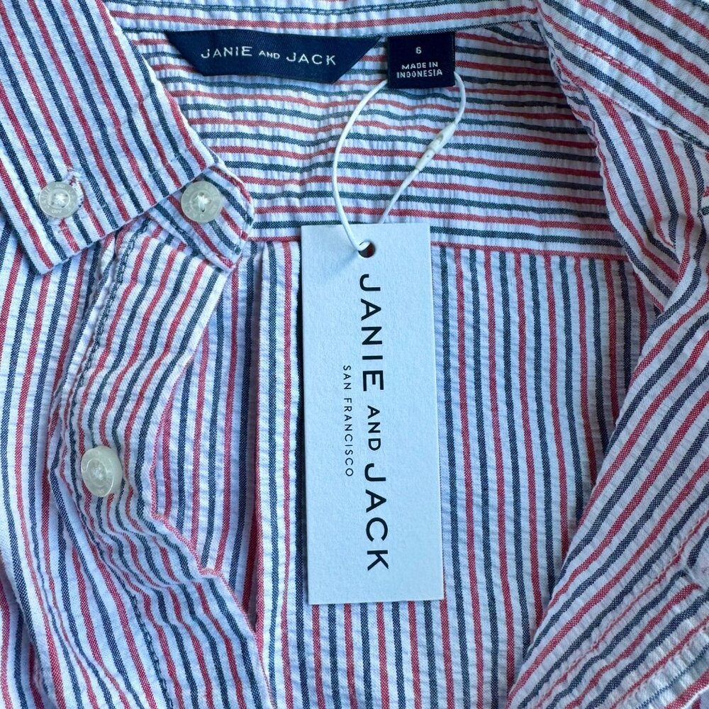 JANIE & JACK Striped Seersucker Shirt Boys 6 NWT Button Down July 4th Americana - Picture 5 of 6